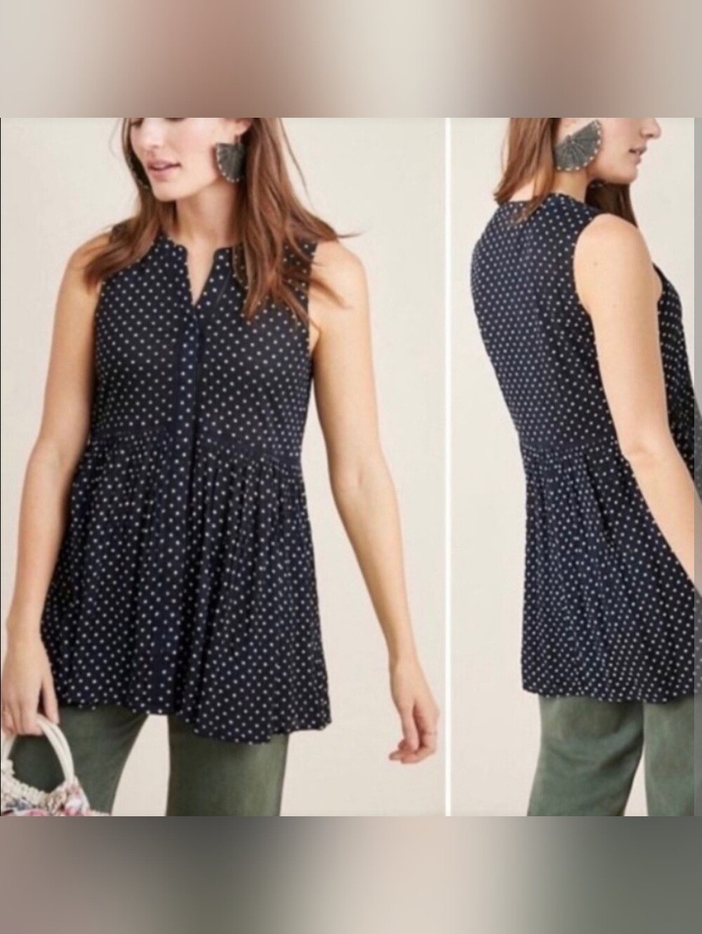 Anthropologie Nia Navy Polka Dot Sleeveless Peplum Tunic Tank Top